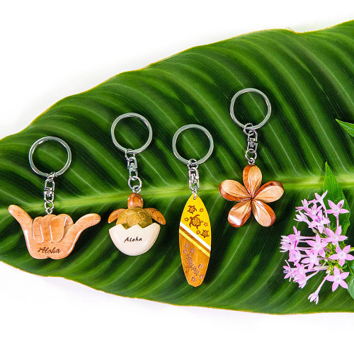 3D Wood Art Key Ring in in the following designs: Hangloose, Baby Turtle, Surfboard, Plumeria