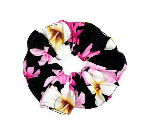 Island Style Scrunchie - Floral Dream in black color with pink, white and yellow assortment of hibiscus and plumeria flowers