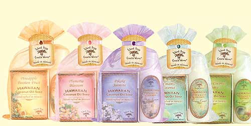 Island Soap Company Organza Gift Set in order from left to right: Pineapple Passion Fruit, Plumeria Blossom, Pikake Jasmine, Creamy Coconut, and Mango/Coconut/Guava