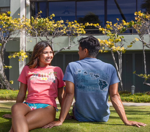 Female model wearing Ladies Crew Neck Tee - MAUI Garden: Coral