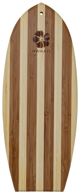 Tropical Bamboo Surfboard Shaped Cutting Board: Hibiscus Stamp