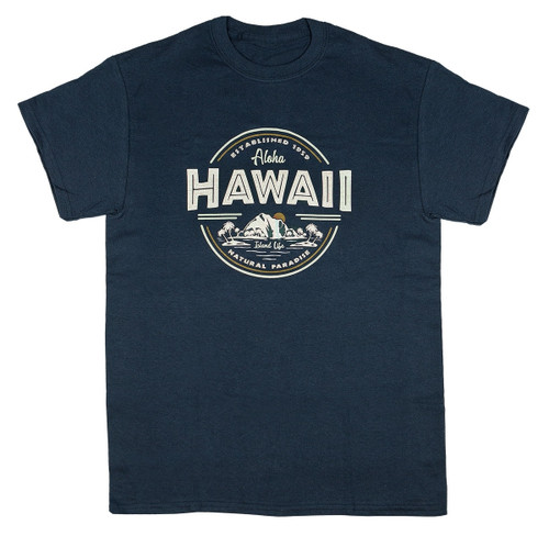Hawaiian Performance Surfwear® crew neck tee in navy color with Aloha Hawaii written & a sketch of island's shoreline
