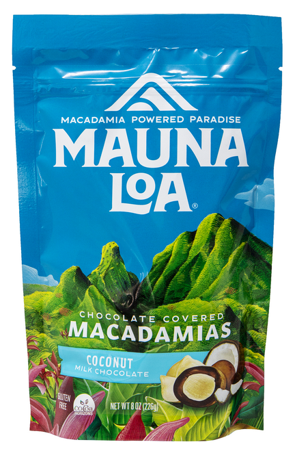 Mauna Loa Macadamia Stand Up Bag 8oz: Coconut Milk Chocolate (FRONT)