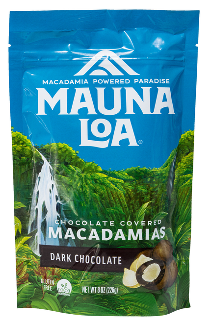 Mauna Loa Macadamia Stand Up Bag 8oz: Dark Chocolate (FRONT)