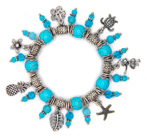 Solid Tone Stone Beads Charm Bracelet by Aloha 808: Aqua