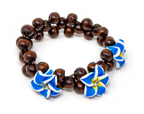 Three Plumeria Wood Bead Bracelet: Blue