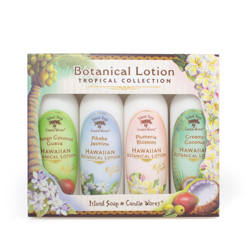 Island Soap Company - Lotion 2oz Four Pack, which contains the following scents, from left to right: Mango/Coconut/Guava, Pikake Jasmine, Plumeria Blossom, and Creamy Coconut (Front)