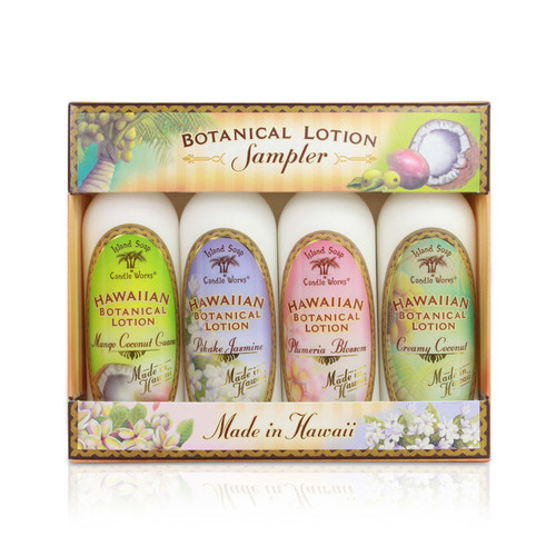 Island Soap Company - Lotion 2oz Four Pack, which contains the following scents, from left to right: Mango/Coconut/Guava, Pikake Jasmine, Plumeria Blossom, and Creamy Coconut