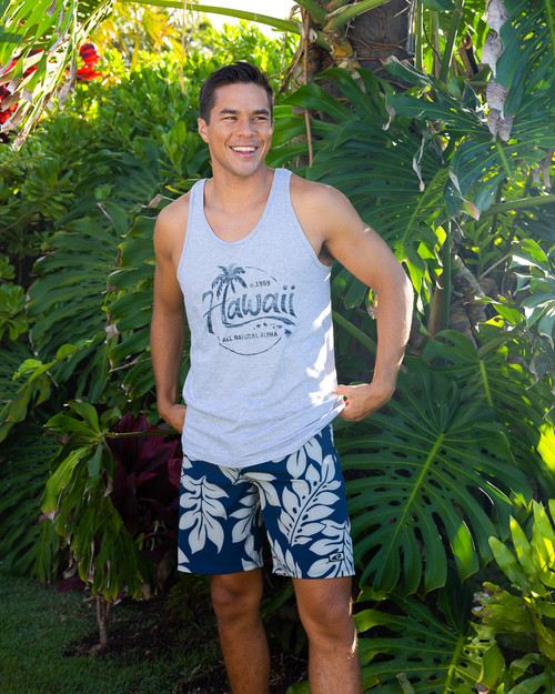 Male model wearing Men's Tank Top - Natural Aloha: Grey Heather