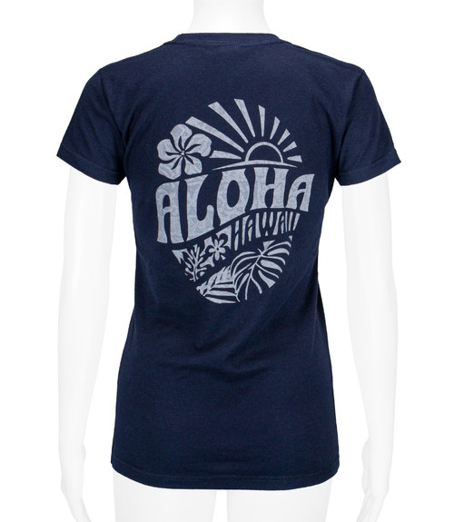 Island Girl® Tee - Sunny Aloha: Navy
back side of surf tee on mannequin