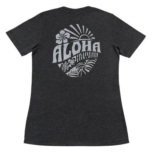 Island Girl® Tee - Sunny Aloha: Charcoal Heather 
flat lay of back side of surf tee