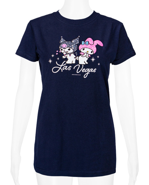 Hello Kitty® & Friends LAS VEGAS Baby Tee - My Melody and Kuromi: Navy
front side of baby tee on mannequin