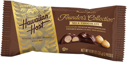 A single Hawaiian Host Founder's Collection Milk Chocolate Covered Macadamia Nuts individually wrapped in two piece bars.