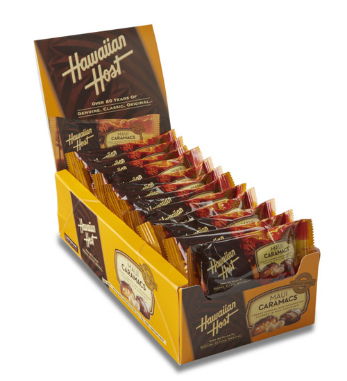 Hawaiian Host Maui CaraMac Chocolate and Caramel Covered Macadamia Nuts, individually wrapped in 2 piece bars. Sold as a 24 pack.