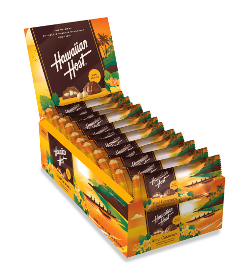 Hawaiian Host Maui CaraMac Chocolate and Caramel Covered Macadamia Nuts, individually wrapped in 2 piece bars. Sold as a 24 pack.