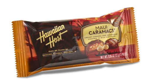 A single Hawaiian Host Maui CaraMac Chocolate and Caramel Covered Macadamia Nuts, individually wrapped in 2 piece bars. Sold as a 24 pack.