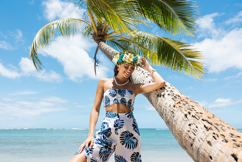 Jewel of the Sea Mother of Pearl Collection in white and multi- colorations worn by a beautiful model on the white sandy beaches of Oahu