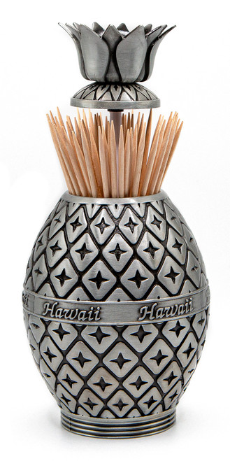 Tropical Pewter Collection Pineapple Toothpick Holder in Silver coloring open with toothpicks