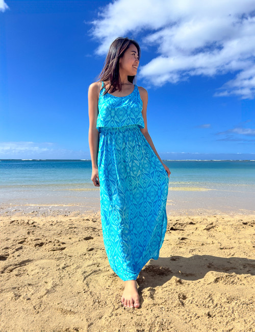 Model wearing Napua Collection Ruffle Maxi Dress - Batik: Turquoise (Front)