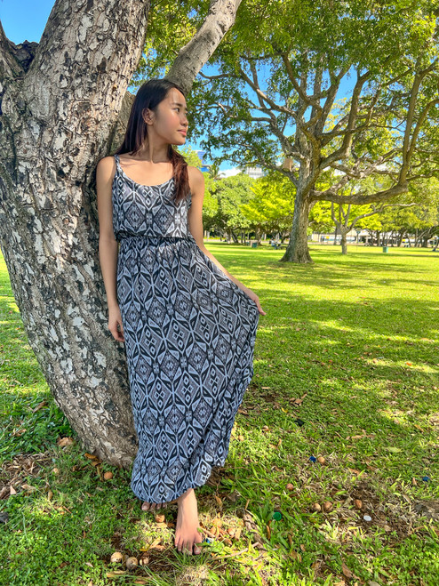 Model wearing Napua Collection Ruffle Maxi Dress - Batik: Black (Front)