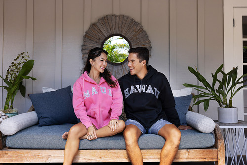 Female in Pink colored MAUI Sweatshirt Hoodie  and male in Black colored HAWAII Sweatshirt Hoodie