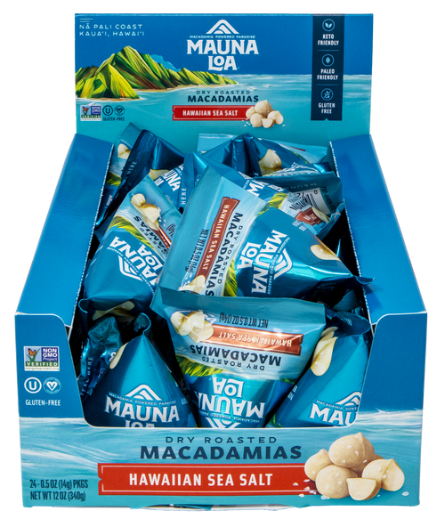 Mauna Loa Macadamia Nut Sample Size Pouch 0.5oz - Hawaiian Sea Salt 24 Pack Front View