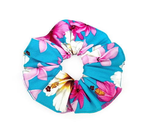 Island Style Scrunchie - Floral Dream in turquoise color with pink, white and yellow assortment of hibiscus and plumeria flowers