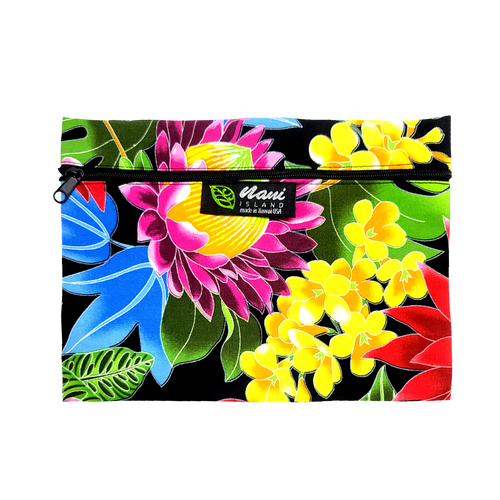 Island Style Cosmetic Pouch - Hawaiian Garden: BLACK