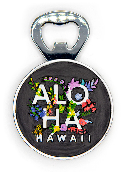 Island Memories Polyresin Bottle Opener Magnet - Aloha Floral Round: Black