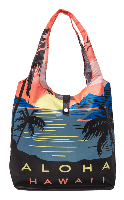 Paradise Foldable Tote: Paradise bag open with handles held up