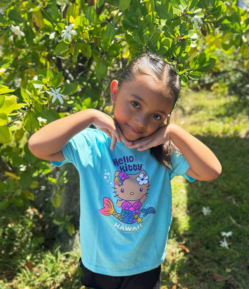 child featured in Hello Kitty® & Friends Child's Tee - Hello Kitty® Mermaid: Tahiti Blue Front
