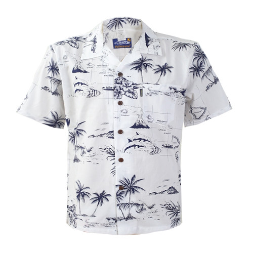 Men's Cotton Aloha Shirt - White Map