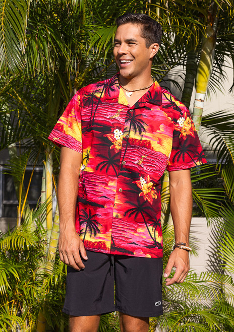 Male model wearing Men's Cotton Aloha Shirt - Red Scenic