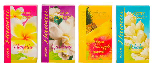 Forever Florals® Perfume Scents in order from left to right: Plumeria, Gardenia, Pineapple Passion, and Pikake