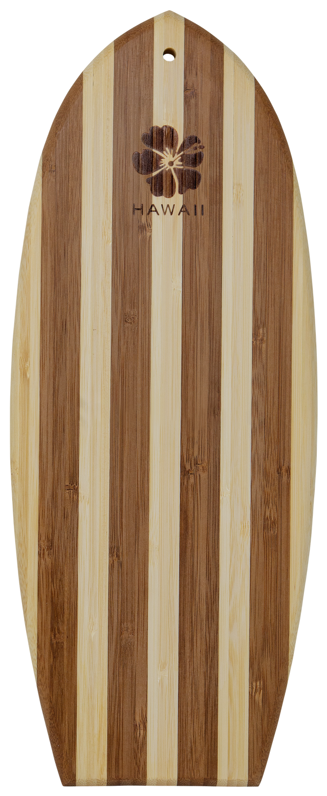 Tropical Bamboo Surfboard Shaped Cutting Board - Hibiscus Stamp