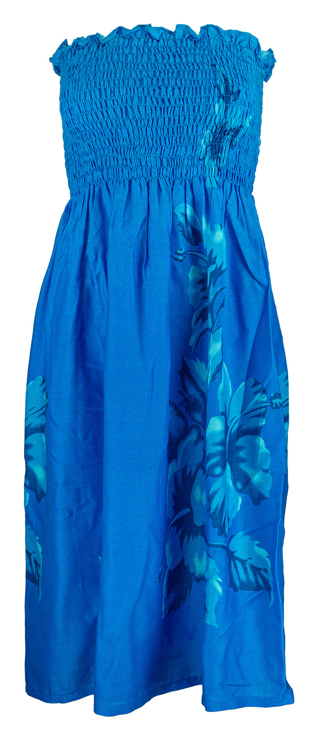 Ladies Elastic Tube Dress - Hibiscus Watercolor: Blue