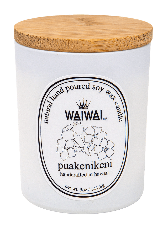 WaiWai Ceramic Cup With Bamboo Lid Candle 5 oz: Puakenikeni