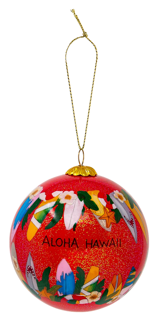 Hand Painted Glass Globe Christmas Ornament: Mele Kalikimaka Surf