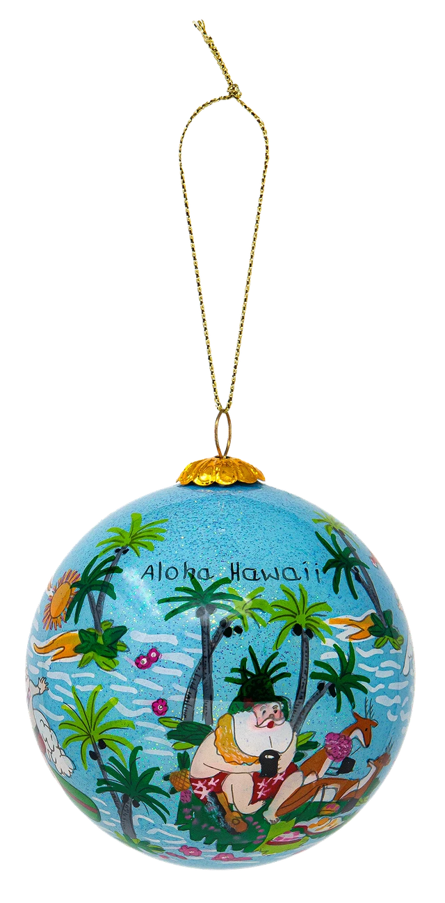 Hand Painted Glass Globe Christmas Ornament: Mele Kalikimaka Surf