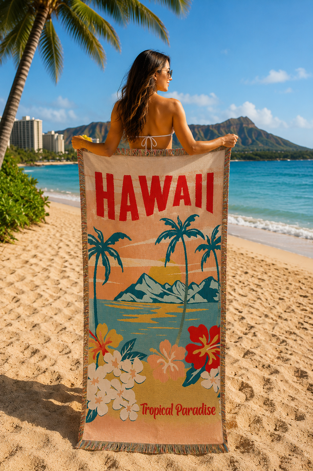 琉球*海花セール　カラフル エアファーン　0529-1 Large Velour Beach Towel: Green Plumeria