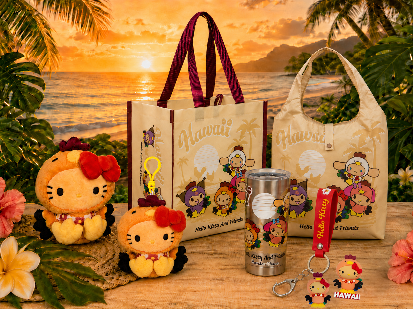 ABC Stores exclusive Hello Kitty Rooster and Rooster Ohana collection featuring island-inspired character accessories and collectibles.