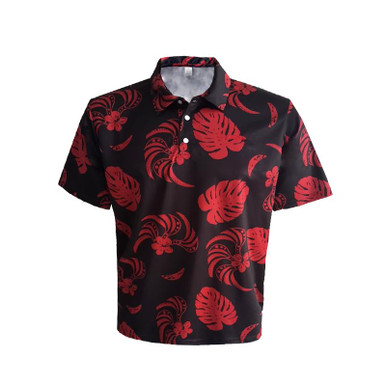 black hawaiian shirt with red flowers
