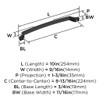 Amerock, Bellamy, 8 13/16" (224mm) Curved Pull, Matte Black - technical Amerock, Bellamy, 8 13/16" (224mm) Curved Pull, Matte Black - technical