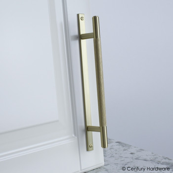 Century, Diamond Knurling, 5 1/16" (128mm) Brass Knurled Bar Pull with Backplate, Satin Brass, installed