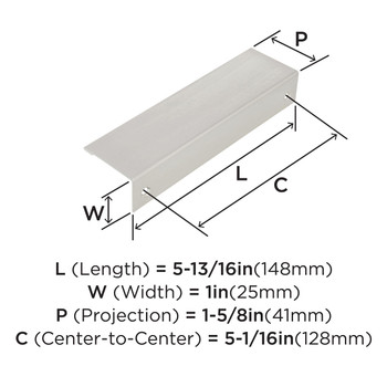 Amerock, Everyday Basics, Edge Pulls, 5 1/16" (128mm) Tab Pull, Satin Nickel - technical