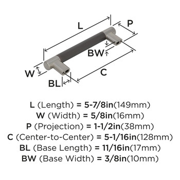 Amerock, Esquire, 5 1/16" (128mm) Bar Pull, Satin Nickel / Oil Rubbed Bronze - technical