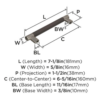 Amerock, Esquire, 6 5/16" (160mm) Bar Pull, Satin Nickel / Oil Rubbed Bronze - technical