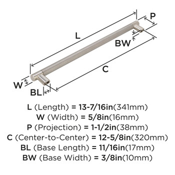 Amerock, Esquire, 12 5/8" (320mm) Bar Pull, Polished Nickel / Stainless Steel - technical