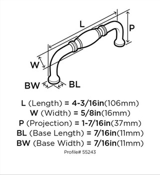 Amerock, Everyday Basics, Granby, 3 3/4" (96mm) Straight Pull, Satin Nickel - technical front