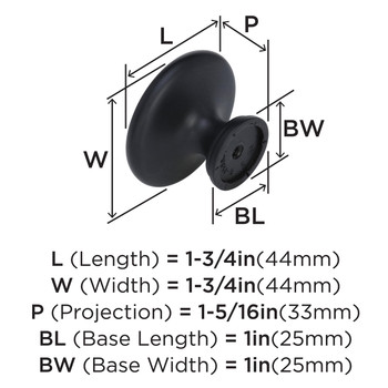 Amerock, Everyday Basics, Inspirations, 1 5/16" Round Knob, Matte Black - technical